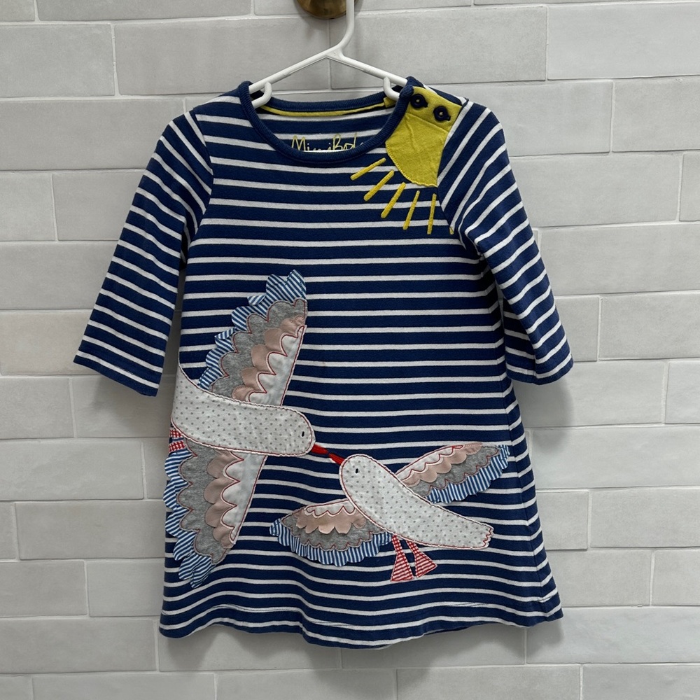 Mini Boden Navy and White Striped Dress with Yellow Sun and Bird Appliqués